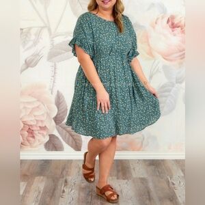 GiGiO Teal Green Floral Ruffle Tie Waist Dress Size 1XL